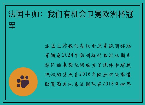 法国主帅：我们有机会卫冕欧洲杯冠军
