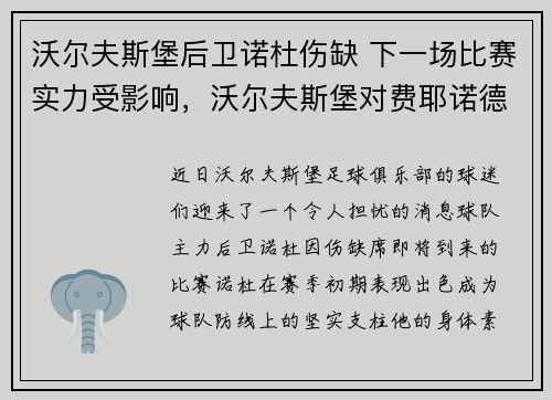 沃尔夫斯堡后卫诺杜伤缺 下一场比赛实力受影响，沃尔夫斯堡对费耶诺德
