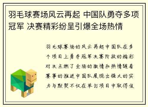 羽毛球赛场风云再起 中国队勇夺多项冠军 决赛精彩纷呈引爆全场热情