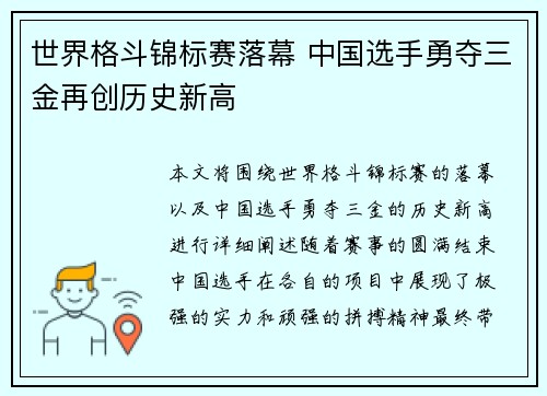世界格斗锦标赛落幕 中国选手勇夺三金再创历史新高